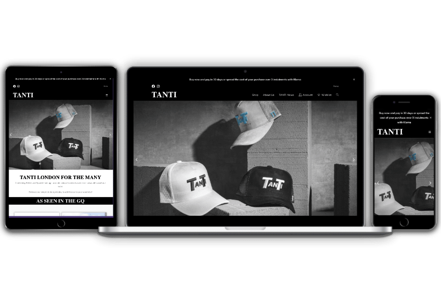 TANTI London website designed by Websites by Dave Parker